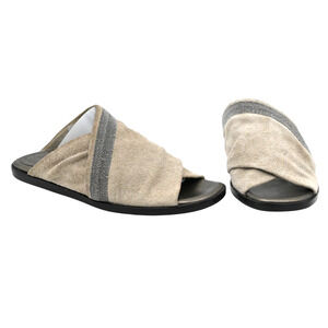 Brunello Cucinelli Light Taupe Suede Monili Crisscross Slides Size 36.5